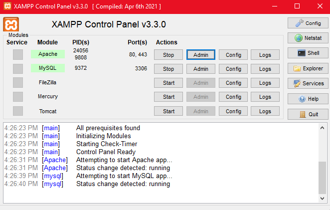 Running Apache and phpAdmin